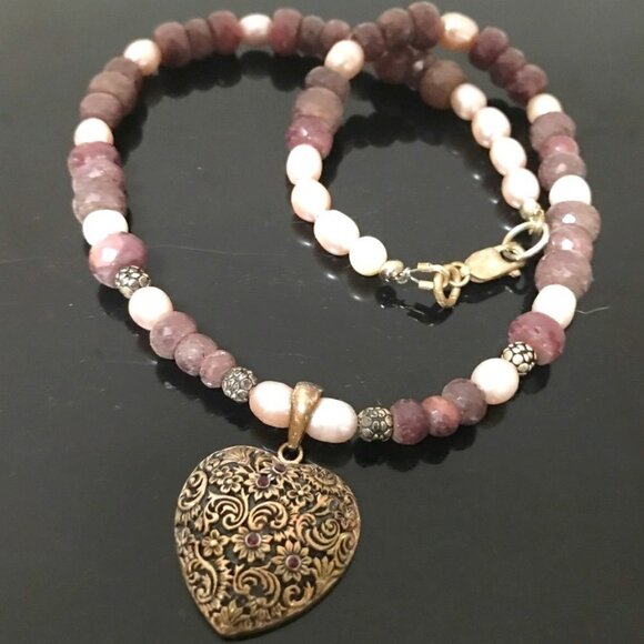 Genuine Ruby Gemstone Pearl Heart 925 Victorian Sterling Silver Necklace Pendant - Picture 2 of 10